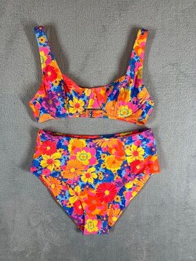 Kulani Kinis Vibrant Neon Floral Bikini - Small Top Medium High Waisted Bottom